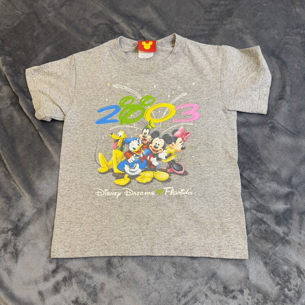 VTG Kids M Disney Dreams Florida 2003 Graphic T-Shirt Made in the USA Grey